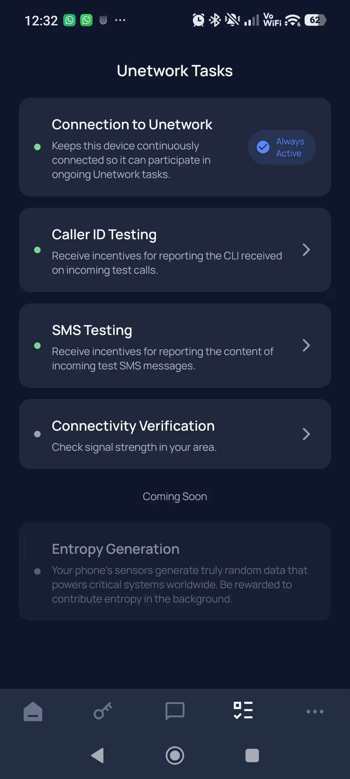 Écran anglais des tâches disponibles dans l’application Unetwork