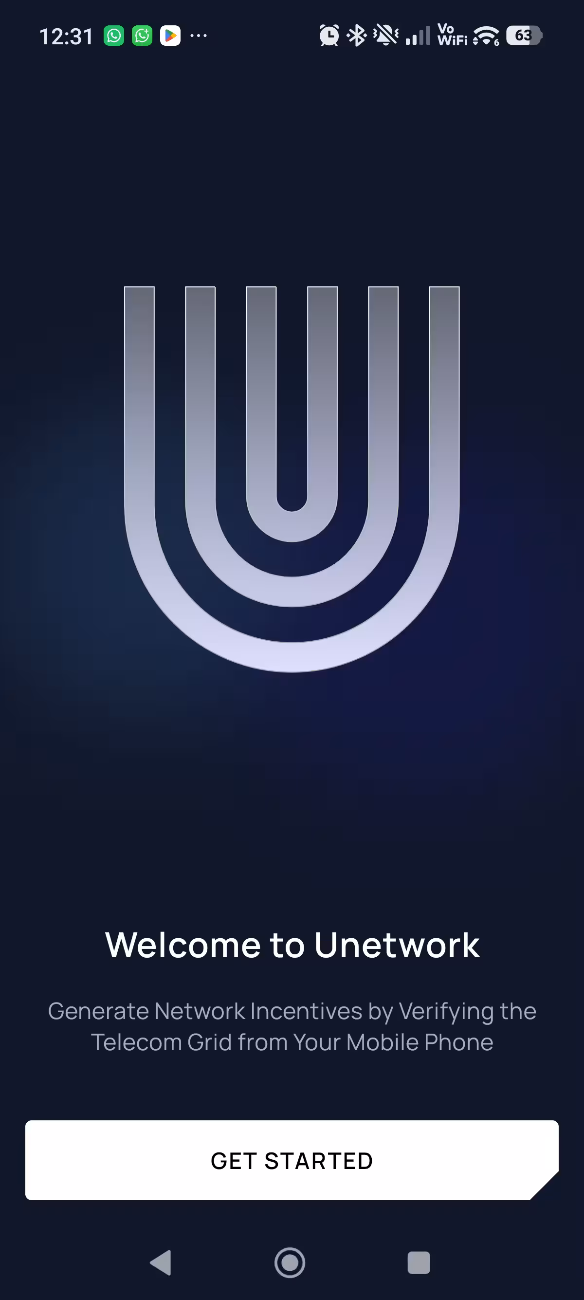 Écran de bienvenue Unetwork avec le bouton Get started