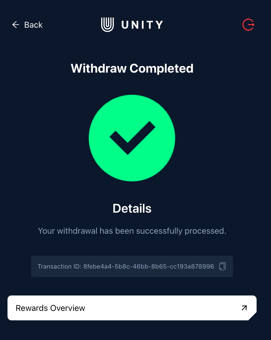 Confirmation d’un retrait terminé avec identifiant de transaction