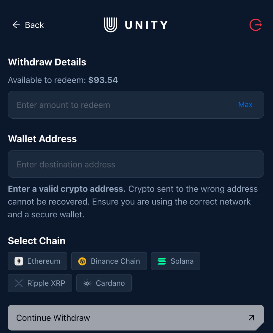 Formulaire de retrait crypto avec montant, adresse et réseau